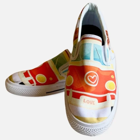 VW Camper Van Inspired Love Bus Slip on Sneakers. Sz 9 - Picture 2 of 9